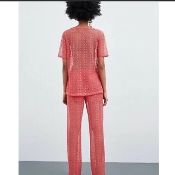 Zara salmon pink 2 pieces lace open knit top and pants NWT - Picture 3 of 6
